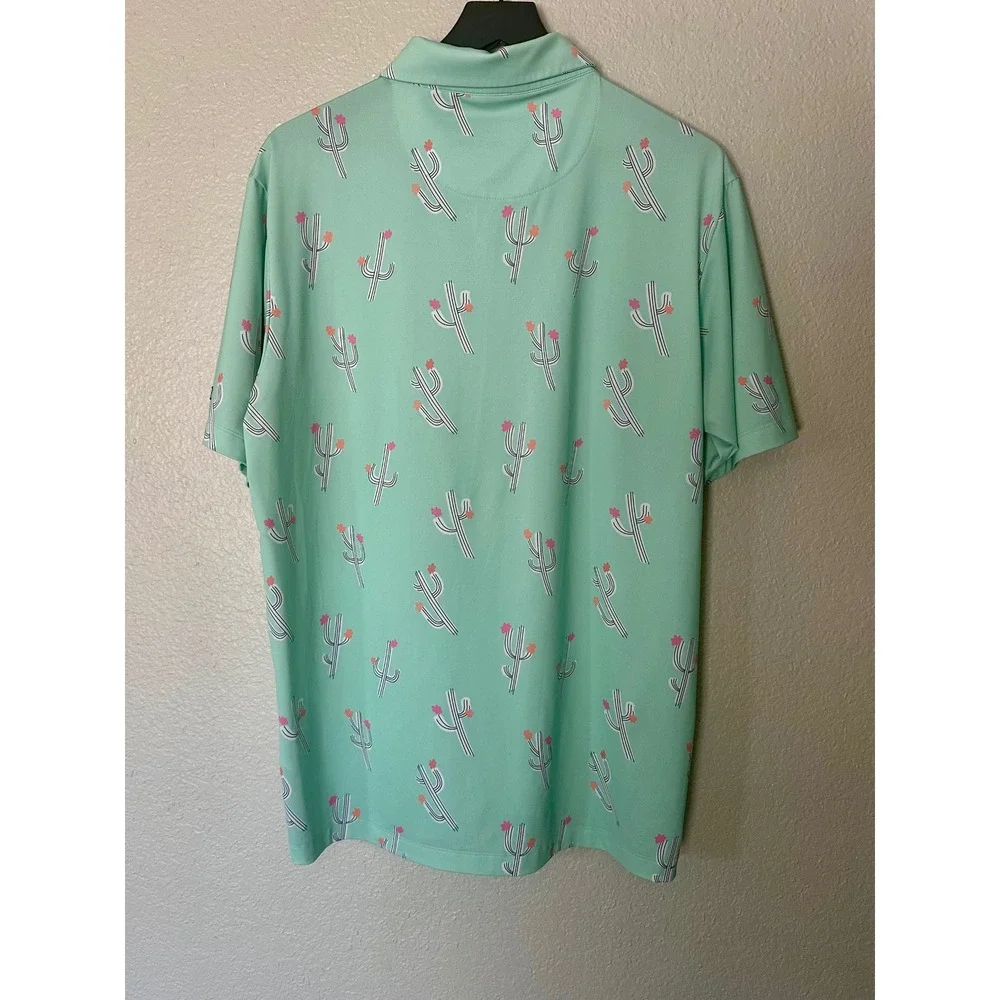 Bad Birdie Mens XL Mint Green Cactus Print‎ Golf Polo Shirt Short Sleeve Stretch